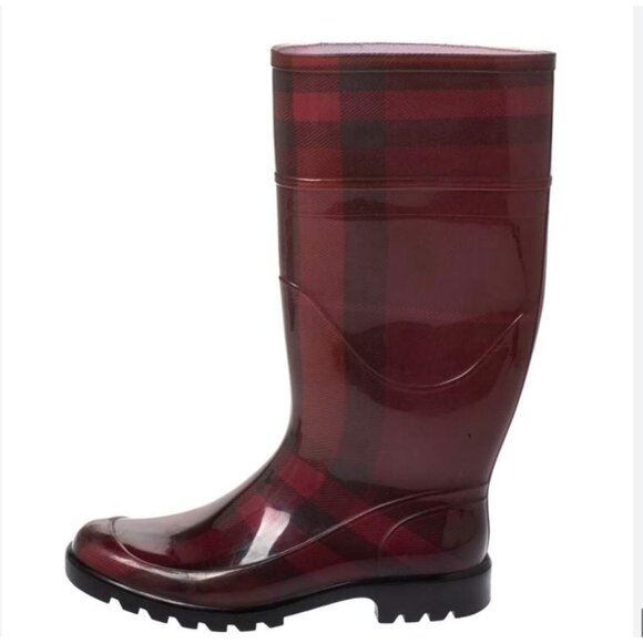 Burberry Burgundy Plaid Rubber Rain Boots | Burgundy | EU 38 / US 8 -runs small! - Picture 1 of 15